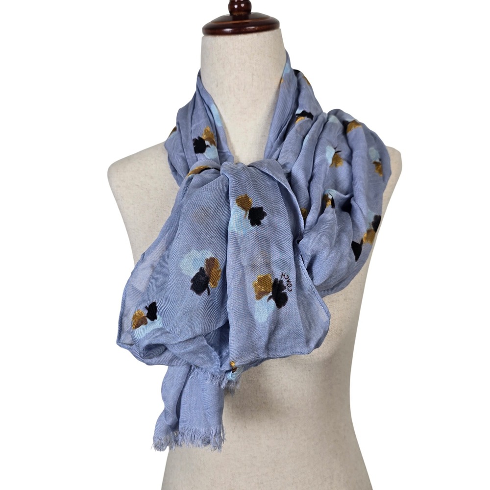 Coach New York Periwinkle Blue Floral Abstract Frayed Edge Lightweight Scarf